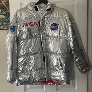 NASA SILVER CHROME SPACE PUFFER METALLIC ASTRONAUT JACKET W/ PATCHES FITS L !